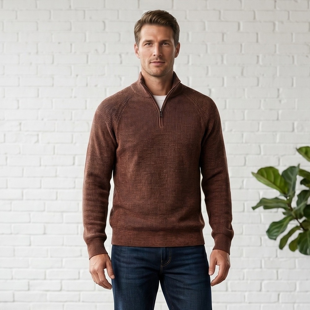 Banana Republic Mens Large Brown Sweater Ribbed Quarter-Zip Mock Neck Cotton